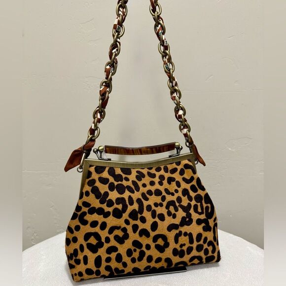 Leopard Print Real Hair-on Horsehide Handmade Top Handle Double Kisslock Handbag - Picture 1 of 15